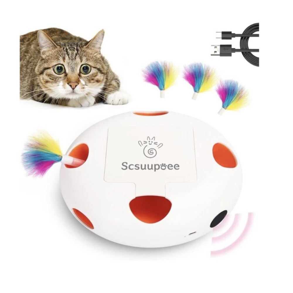 Rechargeable Interactive Cat Toy, White Smart Sensor Pop-Up Feather Toy NEW!!